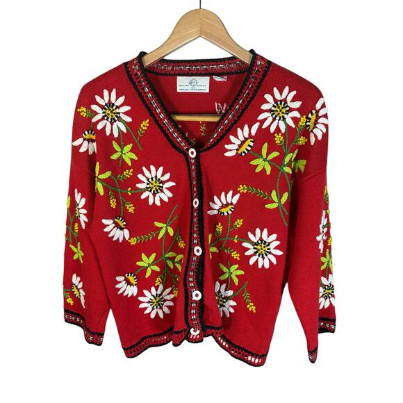 Design Options Red Daisy Floral Embroidered Cardigan Sweater L Cotton Cottage - Picture 3 of 10